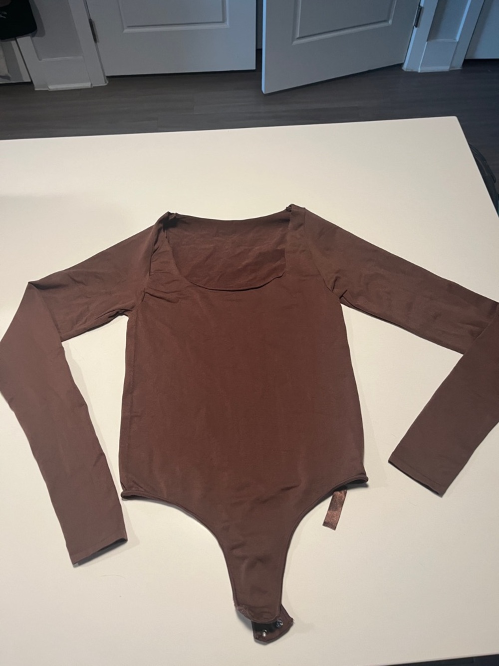 SKIMS Dark Cocoa Brown Essential Long Sleeve Thong Bodysuit S/M
